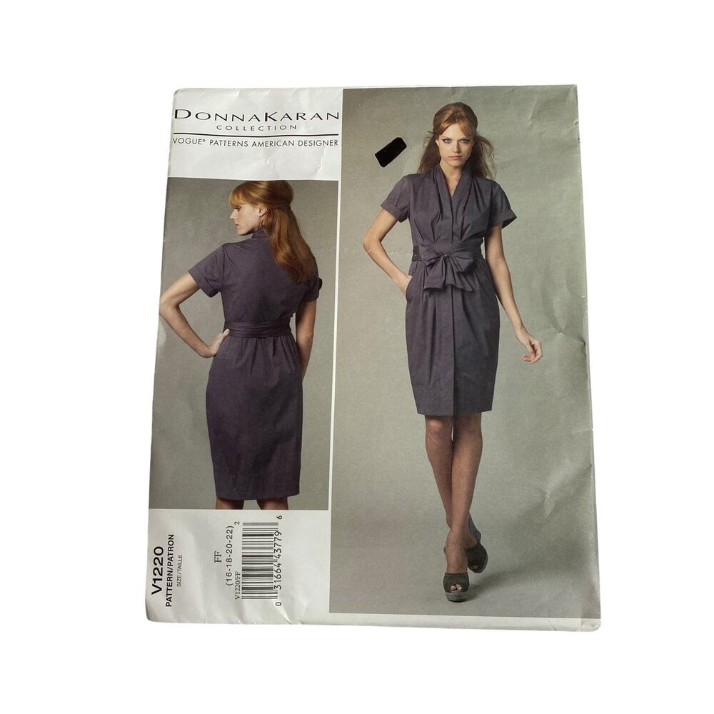 Vogue Pattern V1220 Donna Karan Belted Dress Shawl Collar Size FF 16 18 20 22 UC
